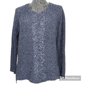 Talbots marled blue cotton sweater with side zip details on hips. Size Large EUC